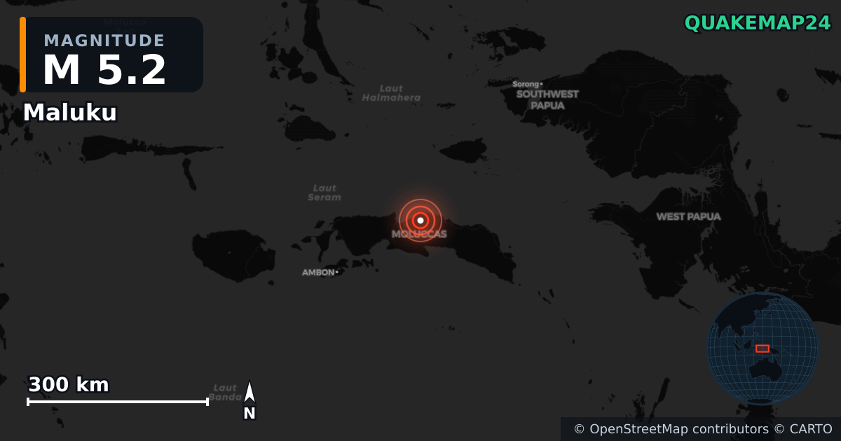 M5.2 earthquake near Maluku on Sep 27, 2025 — map of epicenter and shaking intensity | QuakeMap24