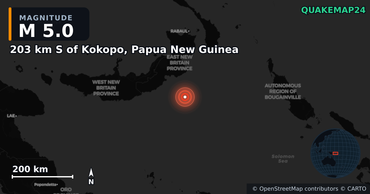 M5.0 earthquake near 203 km S of Kokopo, Papua New Guinea on Apr 13, 2025 — map of epicenter and shaking intensity | QuakeMap24