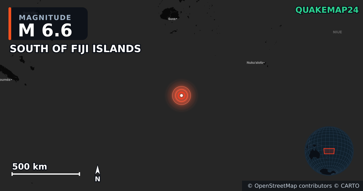 M6.6 earthquake near SOUTH OF FIJI ISLANDS on Jul 29, 2025 — map of epicenter and shaking intensity | QuakeMap24