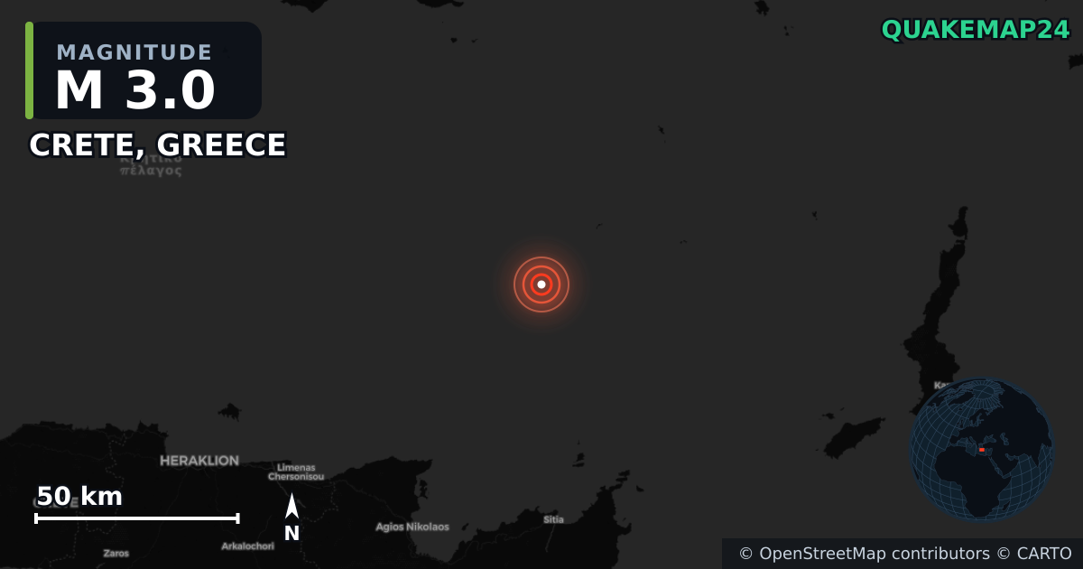 M3.0 earthquake near CRETE, GREECE on Sep 26, 2025 — map of epicenter and shaking intensity | QuakeMap24