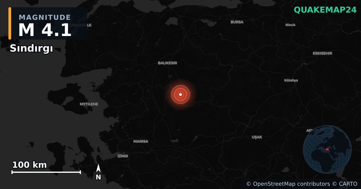 M4.1 earthquake near Sındırgı on Aug 10, 2025 — map of epicenter and shaking intensity | QuakeMap24