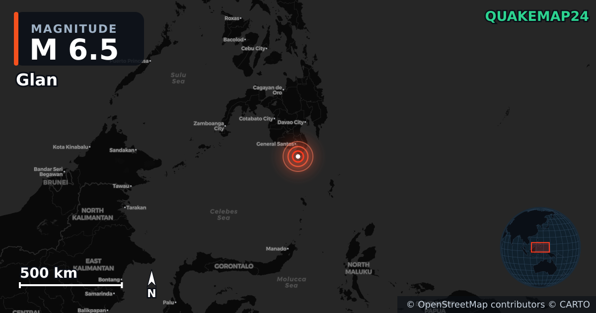 M6.5 earthquake near Glan on Jun 8, 2026 — map of epicenter and shaking intensity | QuakeMap24