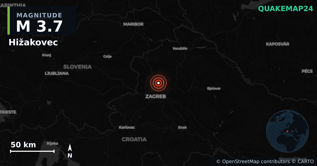 M3.7 earthquake near Hižakovec on Apr 21, 2026 — map of epicenter and shaking intensity | QuakeMap24