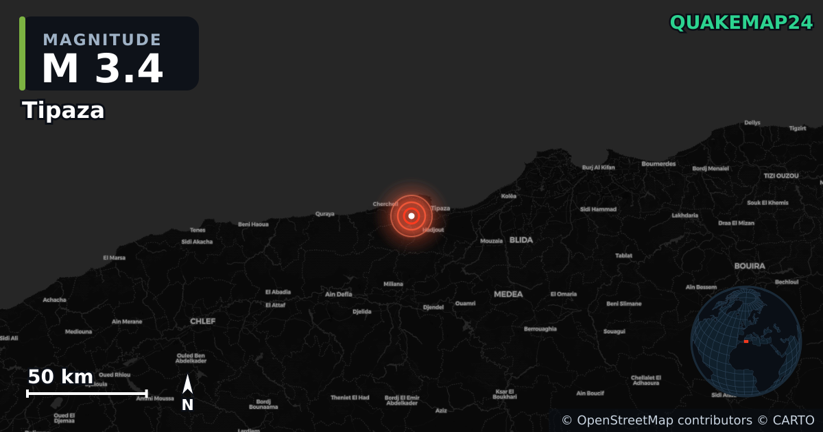 M3.4 earthquake near Tipaza on Sep 1, 2025 — map of epicenter and shaking intensity | QuakeMap24