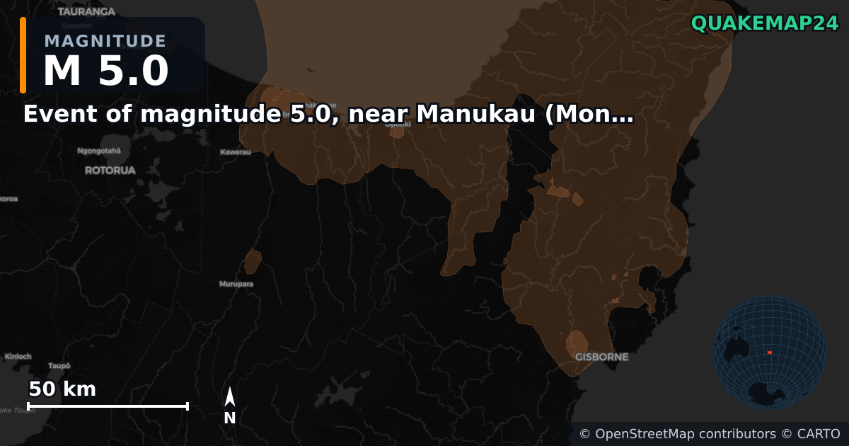Sismo de M5,0 perto de Event of magnitude 5.0, near Manukau (Monde) — Mapa da localização do epicentro