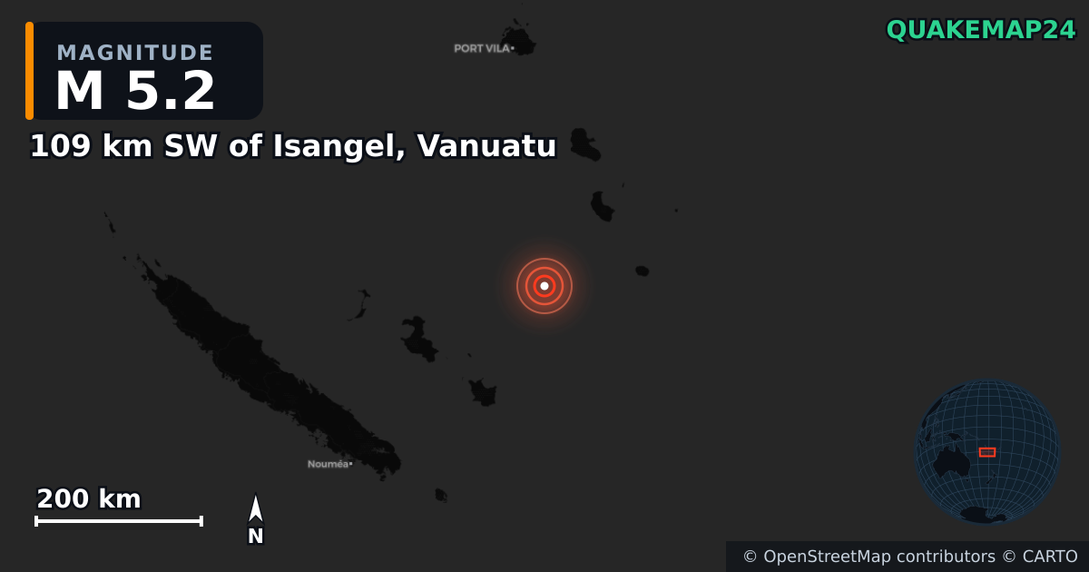 M5.2 earthquake near 109 km SW of Isangel, Vanuatu on Jul 8, 2026 — map of epicenter and shaking intensity | QuakeMap24