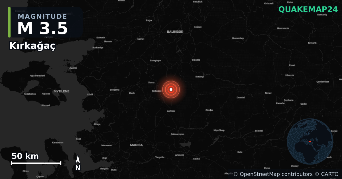 M3.5 earthquake near Kırkağaç on Nov 10, 2025 — map of epicenter and shaking intensity | QuakeMap24