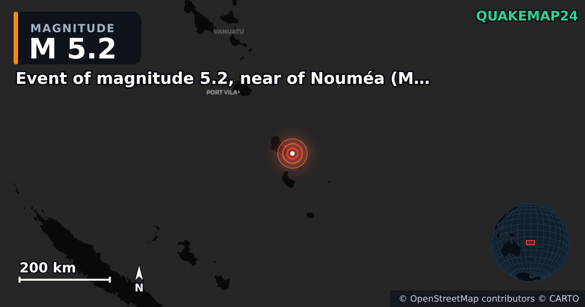 M5.2 earthquake near Event of magnitude 5.2, near of Nouméa (Monde) on Apr 2, 2026 — map of epicenter and shaking intensity | QuakeMap24