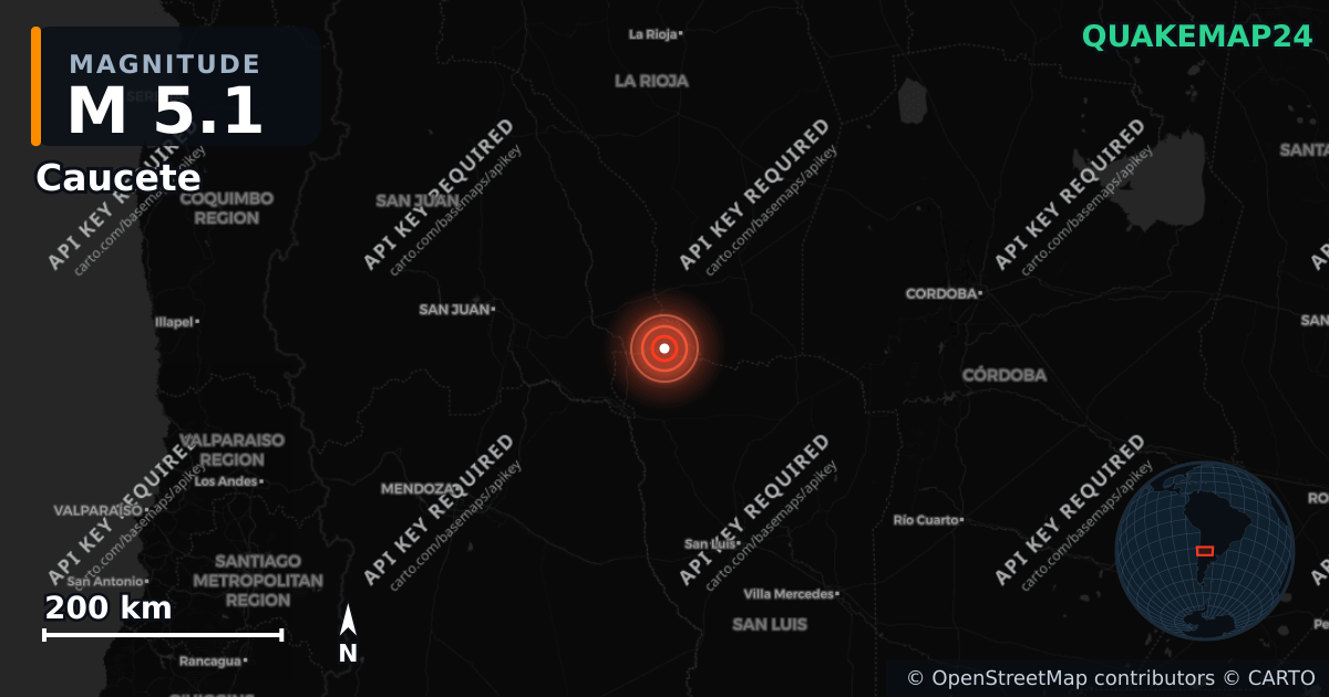 M5.1 earthquake near Caucete on Jun 5, 2026 — map of epicenter and shaking intensity | QuakeMap24