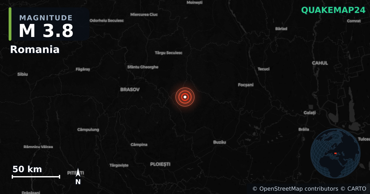 M3.8 earthquake near Romania on May 16, 2025 — map of epicenter and shaking intensity | QuakeMap24