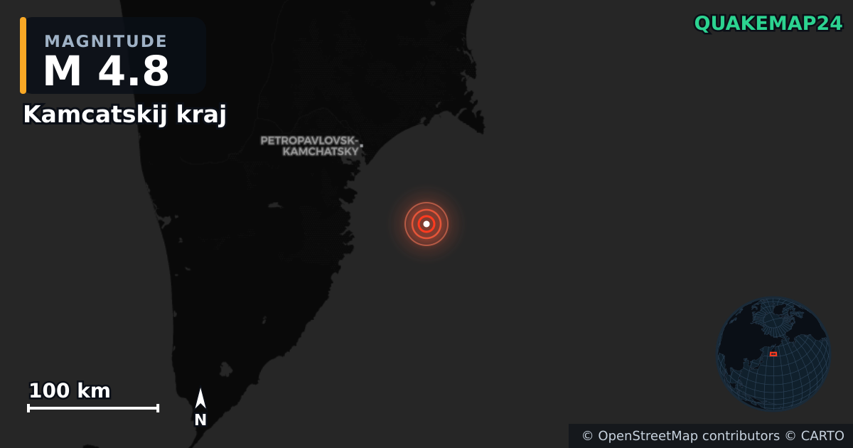M4.8 earthquake near Kamcatskij kraj on Jul 22, 2025 — map of epicenter and shaking intensity | QuakeMap24