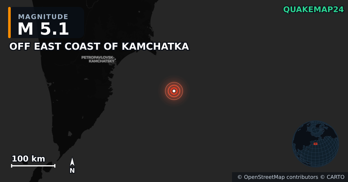 M5.1 earthquake near OFF EAST COAST OF KAMCHATKA on Nov 3, 2025 — map of epicenter and shaking intensity | QuakeMap24
