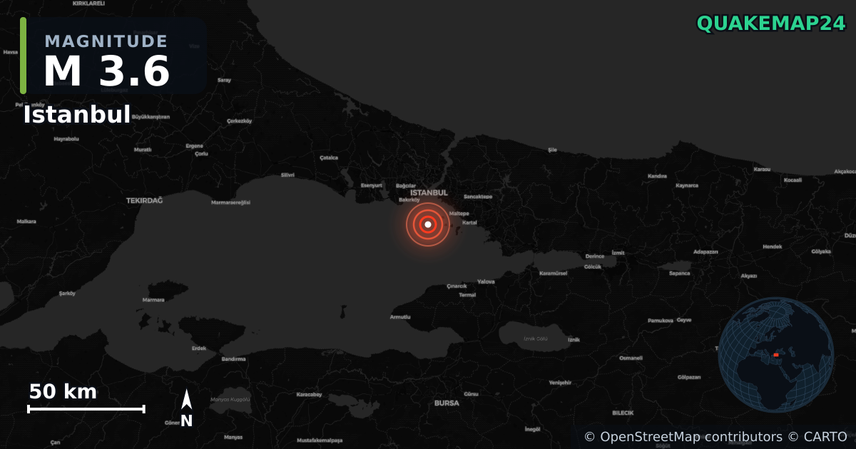 M3.6 earthquake near Istanbul on Jul 10, 2026 — map of epicenter and shaking intensity | QuakeMap24