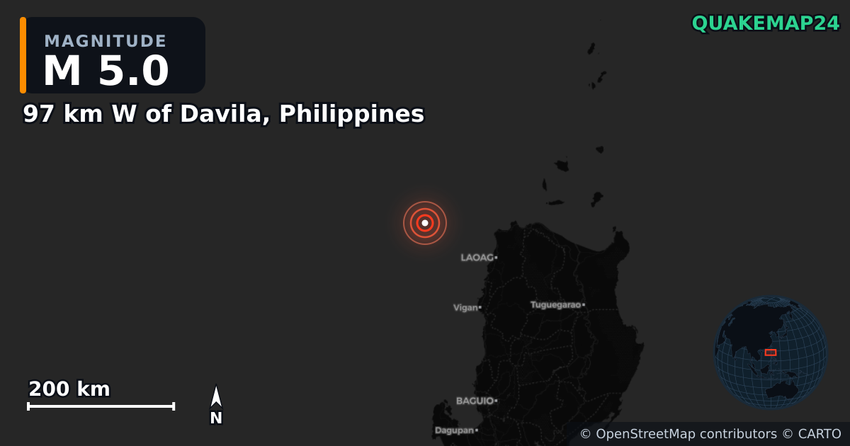 M5.0 earthquake near 97 km W of Davila, Philippines on Oct 5, 2025 — map of epicenter and shaking intensity | QuakeMap24