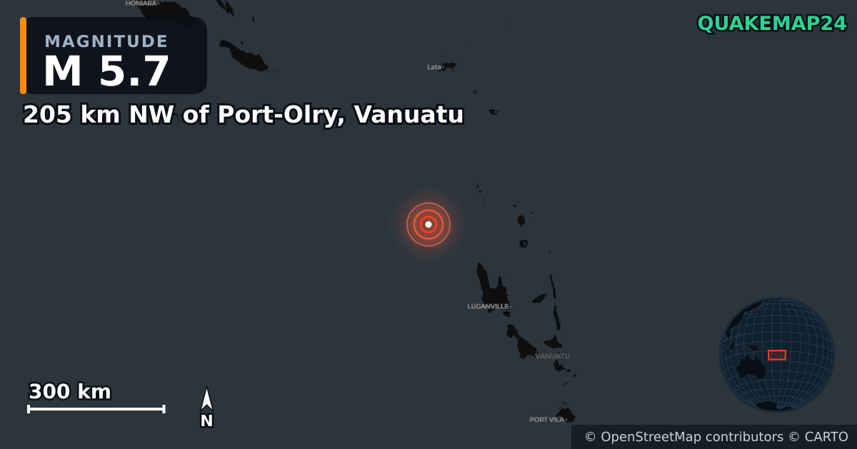 Σεισμός M5,7 κοντά στο 205 km NW of Port-Olry, Vanuatu · 2026-10-24 — Χάρτης της θέσης του επικέντρου