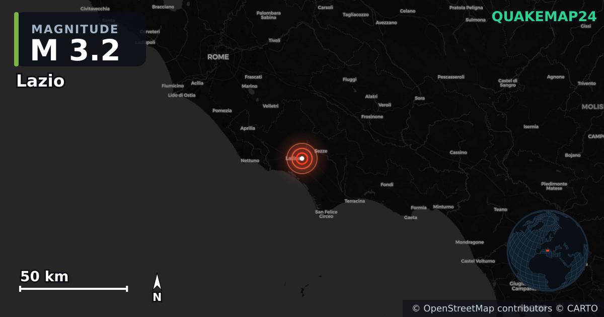 M3.2 earthquake near Lazio on Sep 17, 2025 — map of epicenter and shaking intensity | QuakeMap24