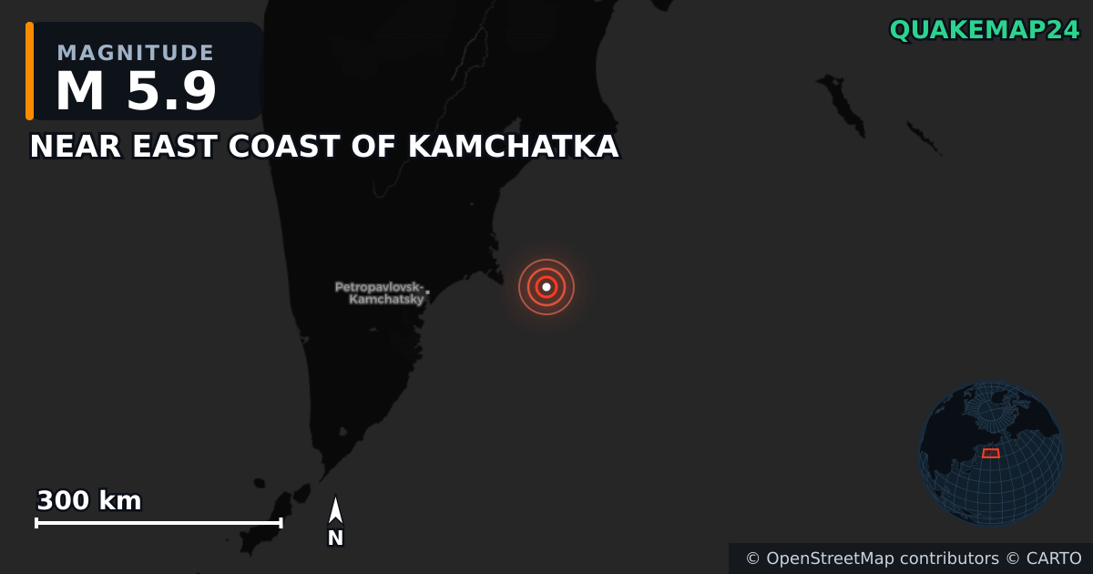 M5.9 earthquake near NEAR EAST COAST OF KAMCHATKA on Sep 18, 2025 — map of epicenter and shaking intensity | QuakeMap24