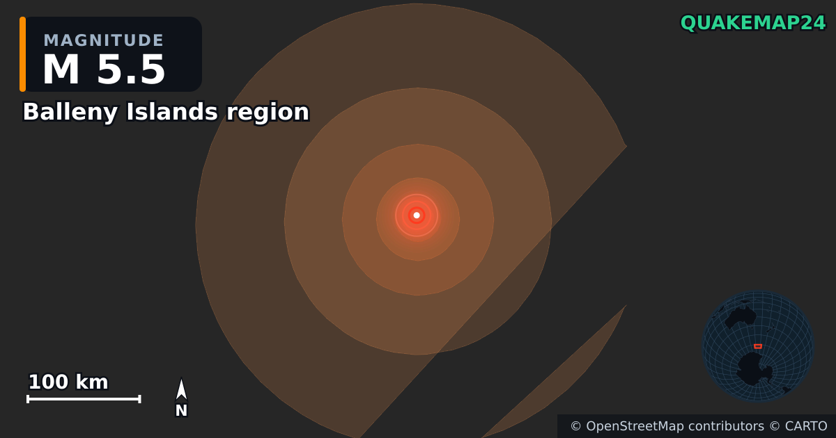 Sismo de M5,5 perto de Balleny Islands region — Mapa da localização do epicentro