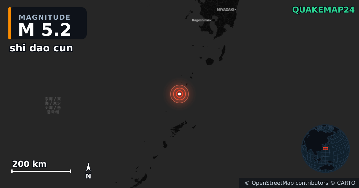 M5.2 earthquake near shi dao cun on Jun 29, 2025 — map of epicenter and shaking intensity | QuakeMap24