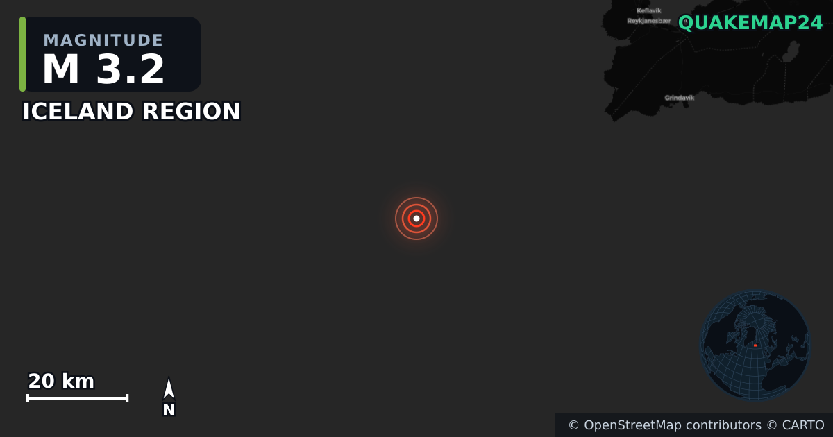 M3.2 earthquake near ICELAND REGION on Jul 7, 2025 — map of epicenter and shaking intensity | QuakeMap24