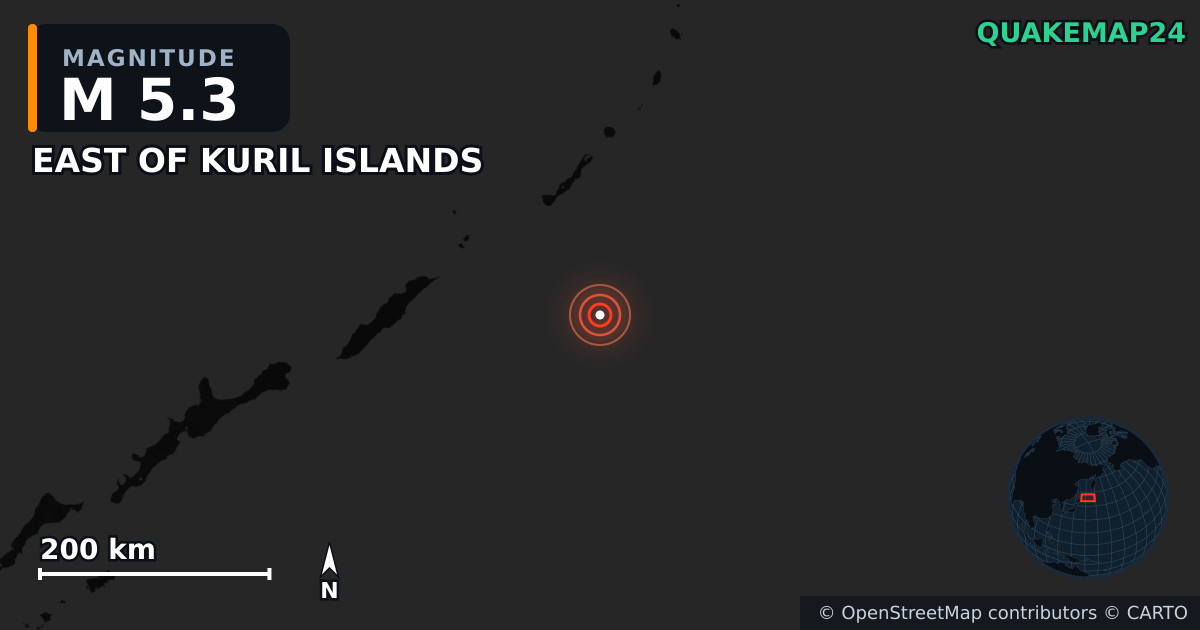 M5.3 earthquake near EAST OF KURIL ISLANDS on Aug 17, 2026 — map of epicenter and shaking intensity | QuakeMap24