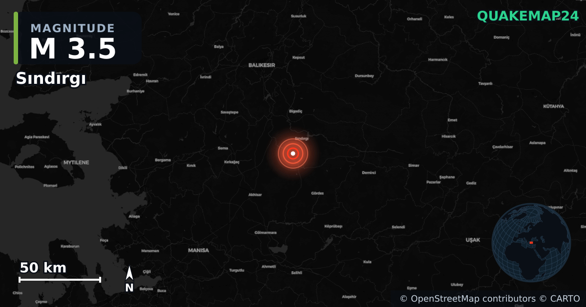 M3.5 earthquake near Sındırgı on Nov 10, 2025 — map of epicenter and shaking intensity | QuakeMap24