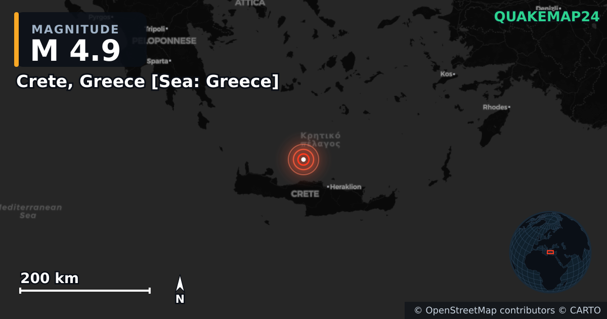 M4.9 earthquake near Crete, Greece [Sea: Greece] on Nov 27, 2025 — map of epicenter and shaking intensity | QuakeMap24