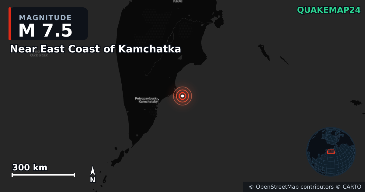 M7.5 earthquake near Near East Coast of Kamchatka on Sep 18, 2025 — map of epicenter and shaking intensity | QuakeMap24