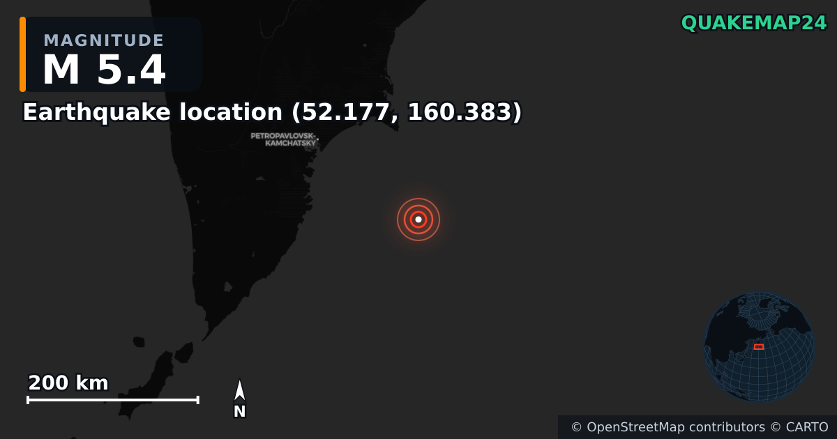 M5.4 earthquake near Deprem konumu (52.177, 160.383) on Sep 7, 2025 — map of epicenter and shaking intensity | QuakeMap24