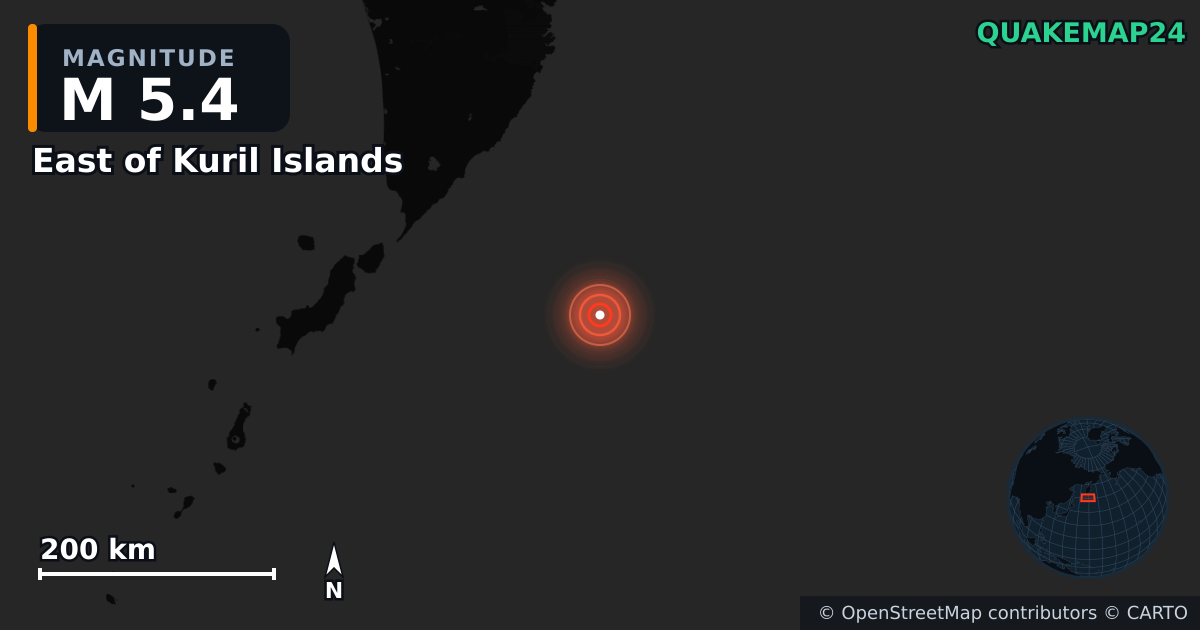 M5.4 earthquake near East of Kuril Islands on Aug 3, 2025 — map of epicenter and shaking intensity | QuakeMap24