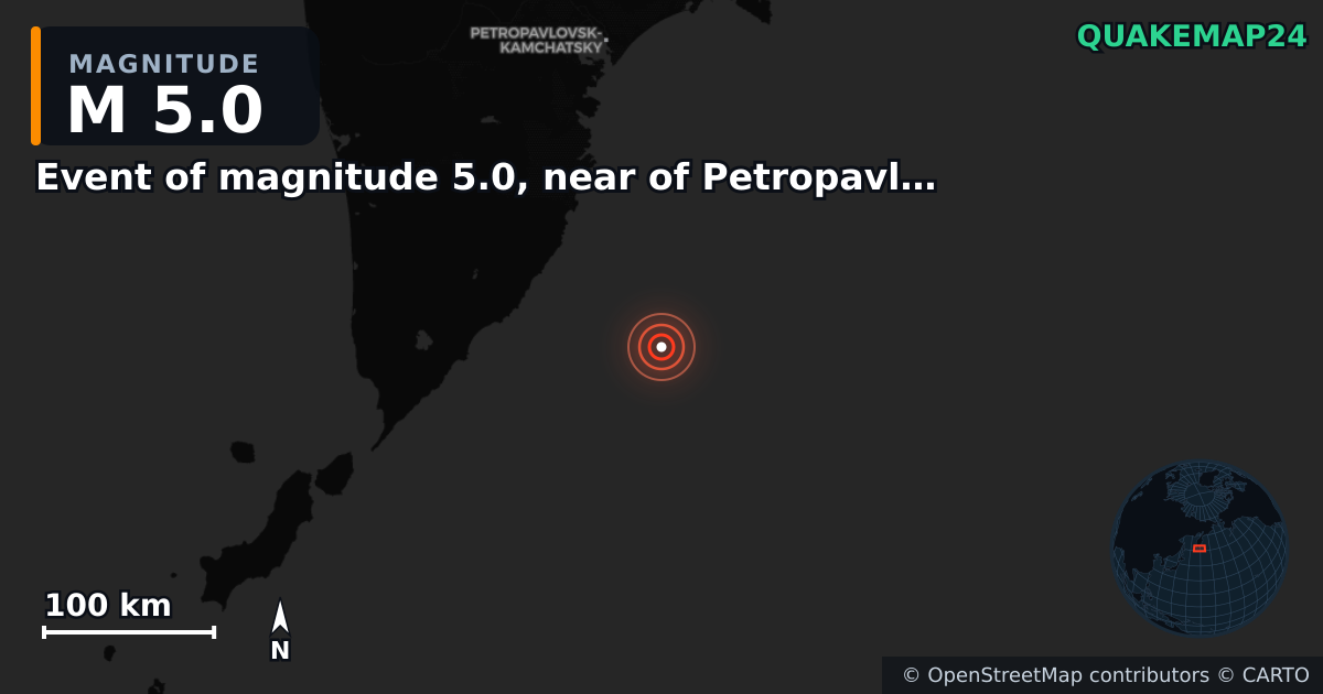 Event of magnitude 5.0, near of Petropavlovsk Kamchatskiy (Monde) yakınında M5,0 deprem — Deprem merkez üssünün konumunu gösteren harita