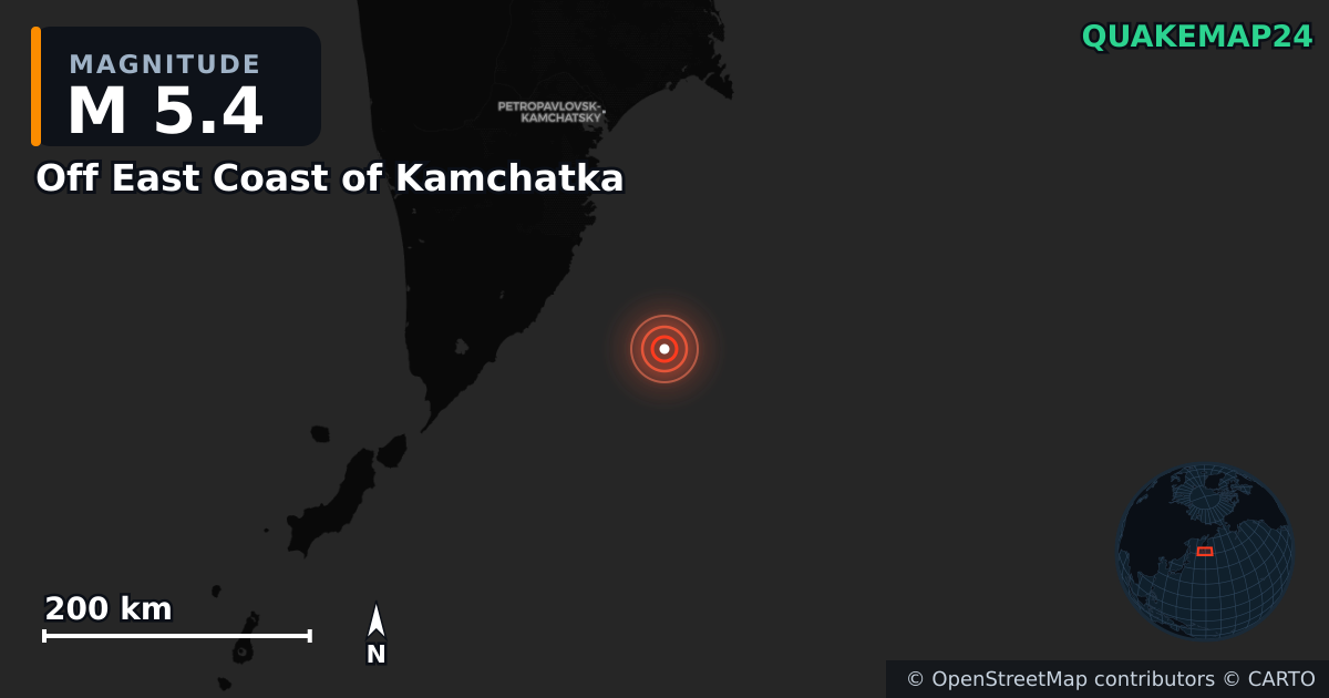 M5.4 earthquake near Off East Coast of Kamchatka on Jan 28, 2026 — map of epicenter and shaking intensity | QuakeMap24