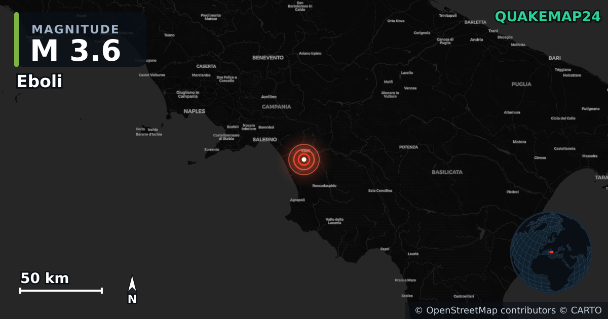M3.6 earthquake near Eboli on Apr 20, 2026 — map of epicenter and shaking intensity | QuakeMap24