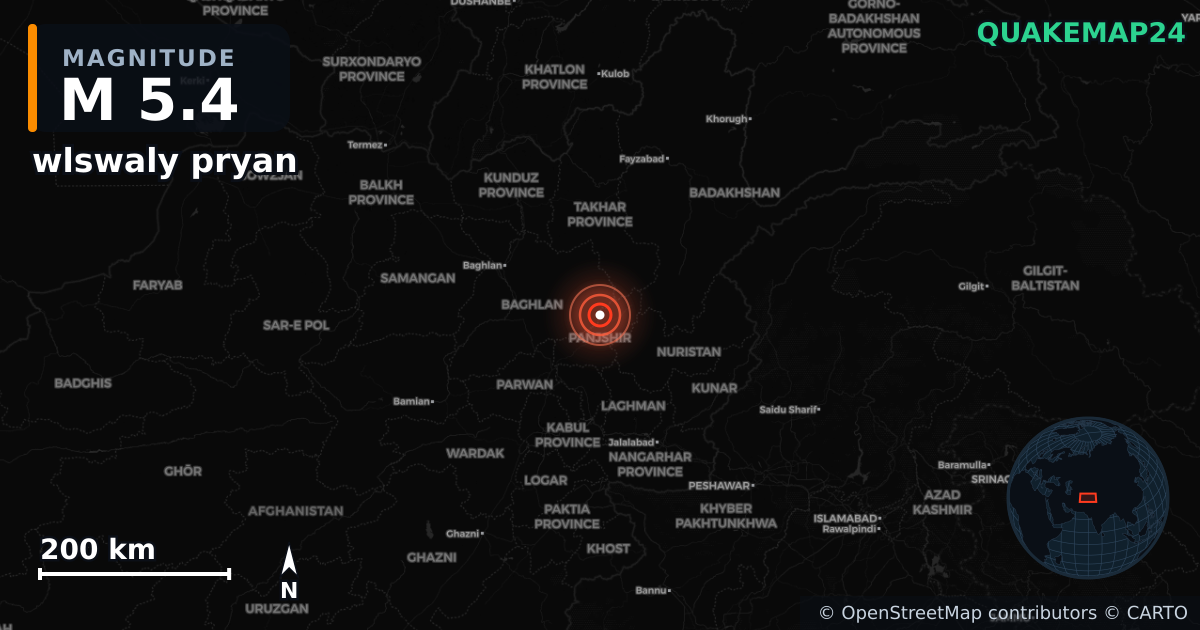 M5.4 earthquake near wlswaly pryan on Feb 20, 2026 — map of epicenter and shaking intensity | QuakeMap24