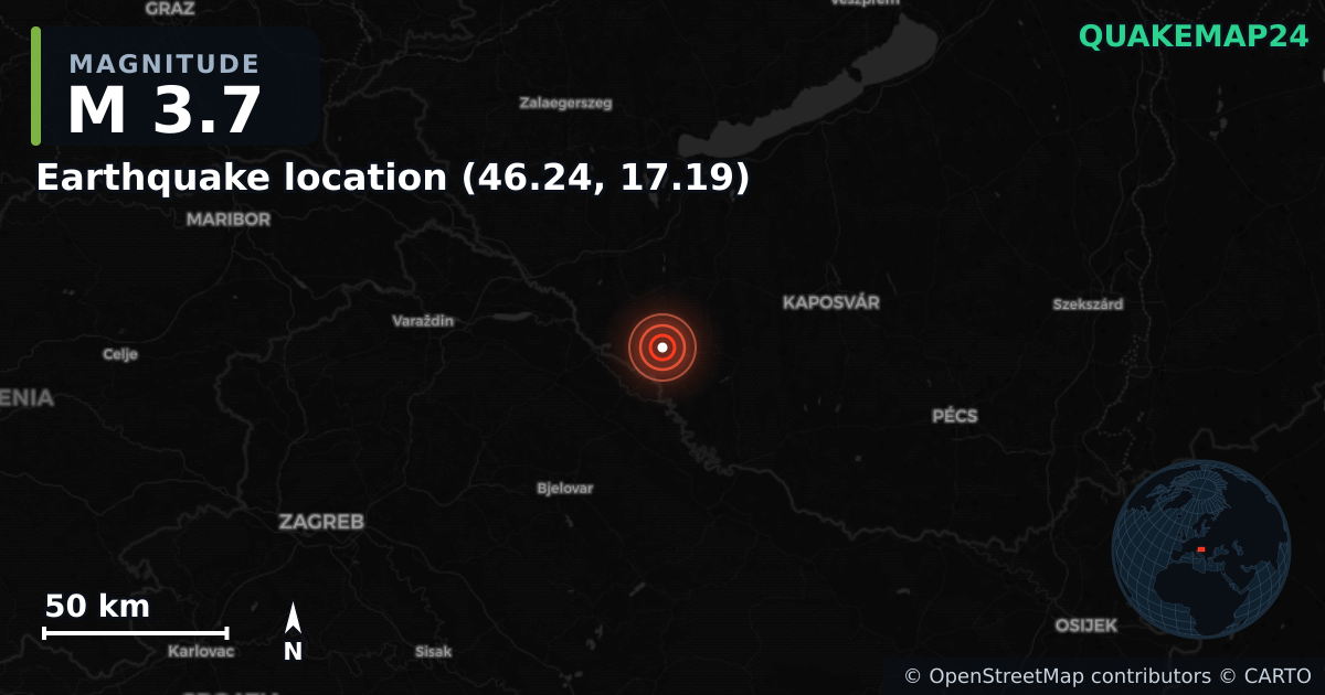 M3.7 earthquake near Earthquake location (46.24, 17.19) on Apr 25, 2025 — map of epicenter and shaking intensity | QuakeMap24