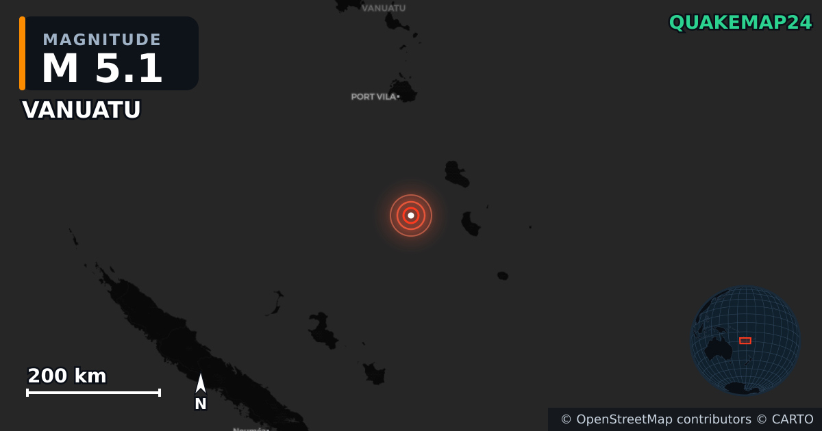 M5.1 earthquake near VANUATU on Sep 17, 2025 — map of epicenter and shaking intensity | QuakeMap24