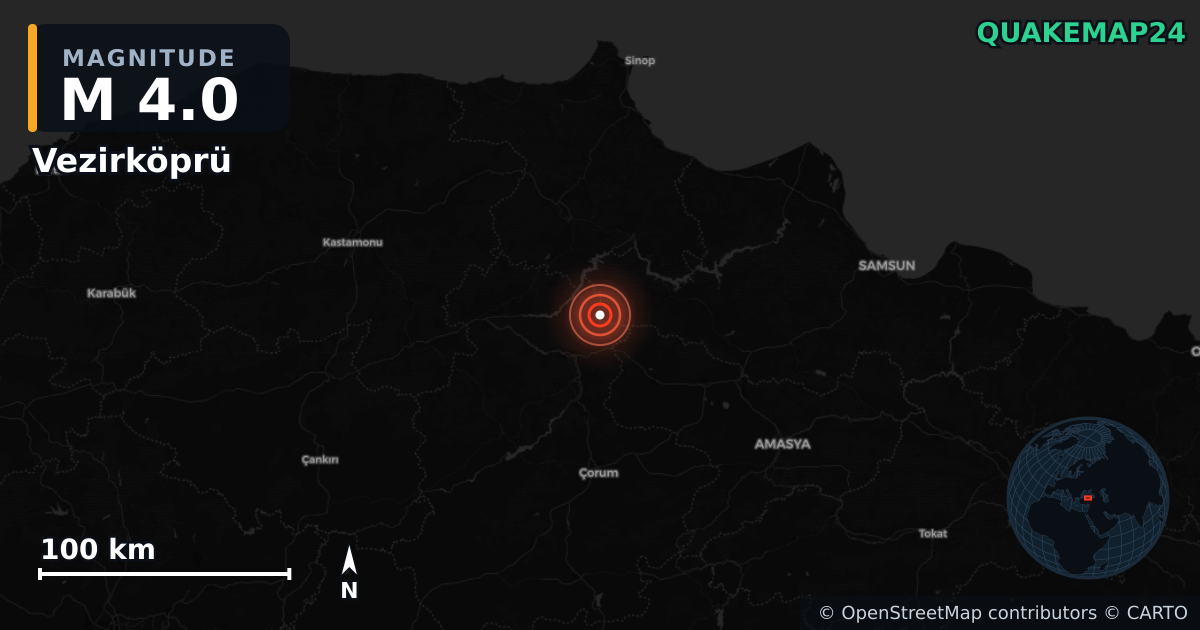 M4.0 earthquake near Vezirköprü on Feb 14, 2026 — map of epicenter and shaking intensity | QuakeMap24