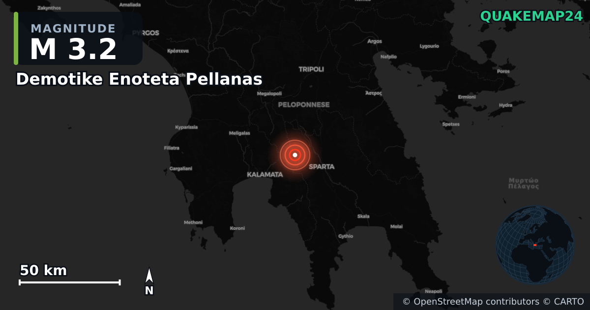 M3.2 earthquake near Demotike Enoteta Pellanas on Nov 14, 2025 — map of epicenter and shaking intensity | QuakeMap24