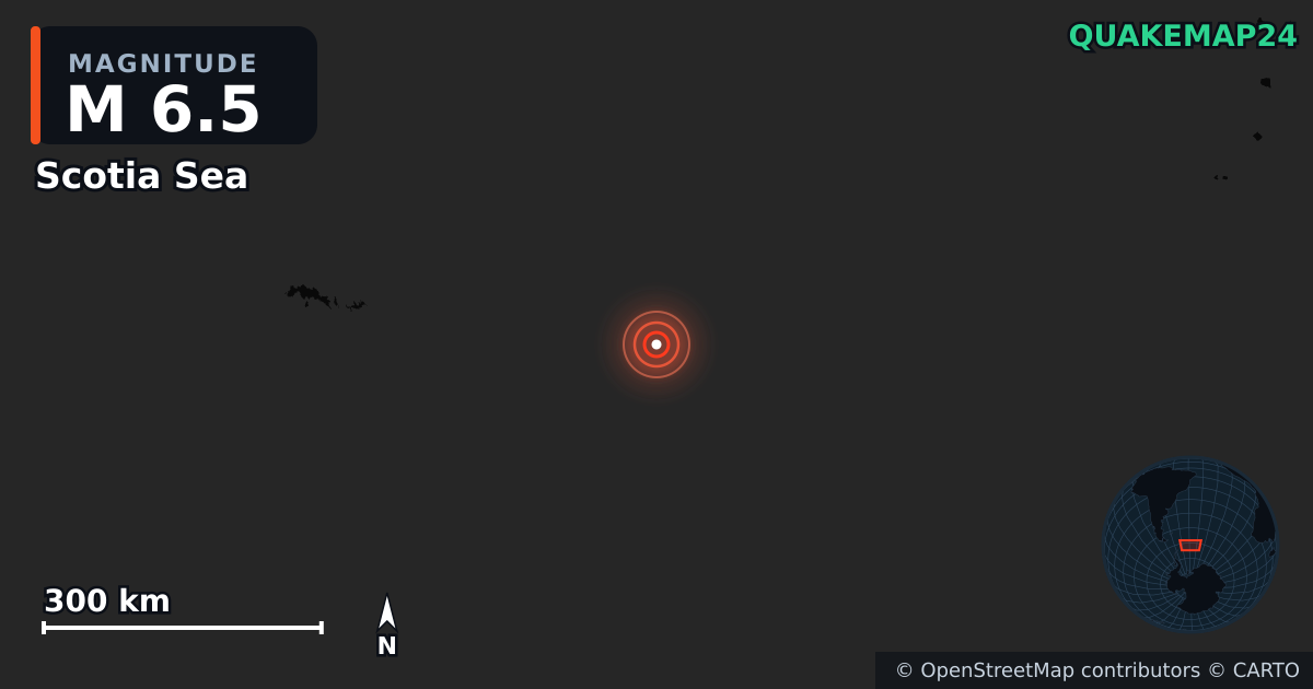 M6.5 Earthquake near Scotia Sea · 2025-06-28 — Map showing the location of the epicenter