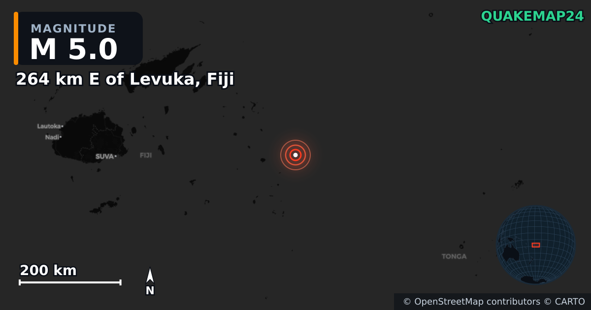 M5.0 earthquake near 264 km E of Levuka, Fiji on Jun 1, 2026 — map of epicenter and shaking intensity | QuakeMap24