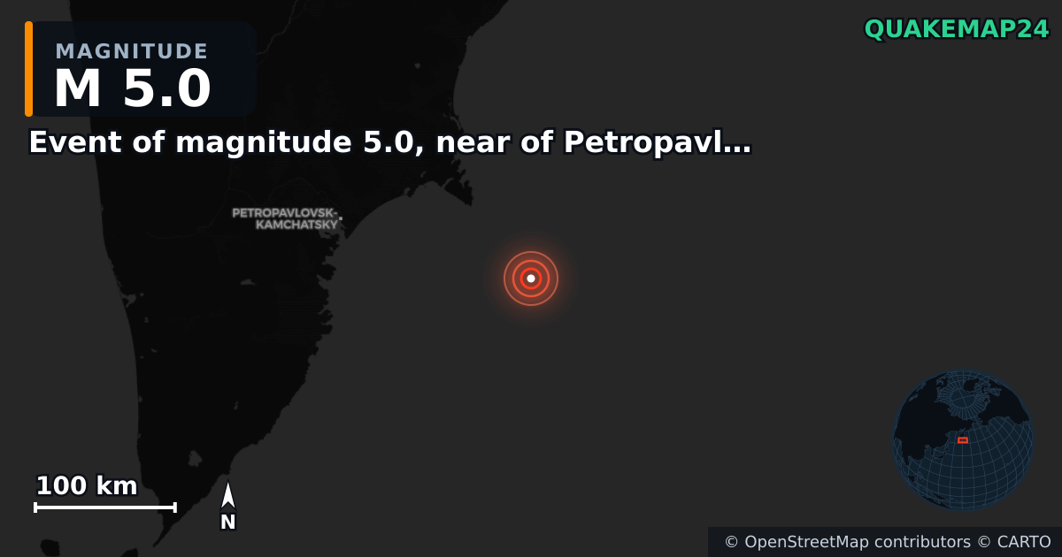 Event of magnitude 5.0, near of Petropavlovsk Kamchatskiy (Monde) yakınında M5,0 deprem — Deprem merkez üssünün konumunu gösteren harita