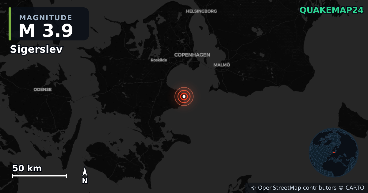 M3.9 earthquake near Sigerslev on May 20, 2026 — map of epicenter and shaking intensity | QuakeMap24