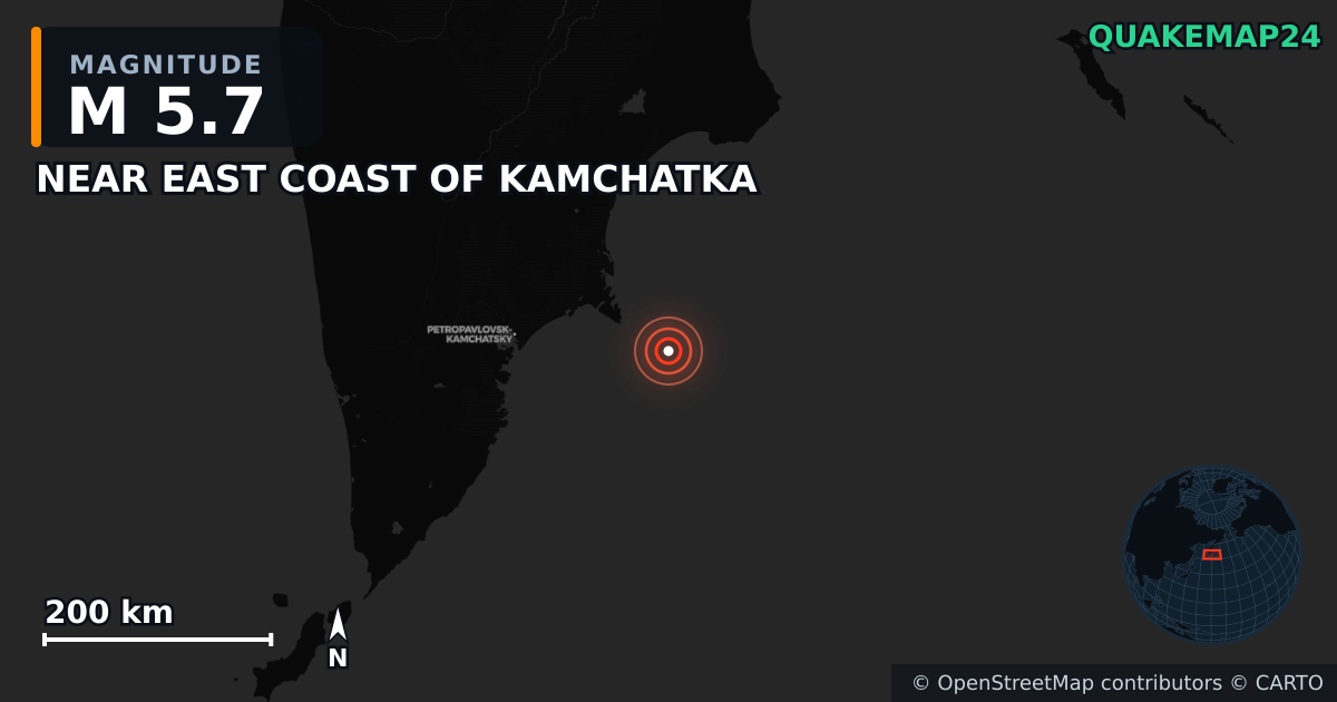 M5.7 earthquake near NEAR EAST COAST OF KAMCHATKA on Sep 18, 2025 — map of epicenter and shaking intensity | QuakeMap24