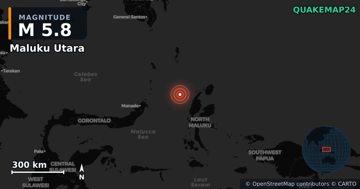 M5.8 earthquake near Maluku Utara on Jul 25, 2025 — map of epicenter and shaking intensity | QuakeMap24