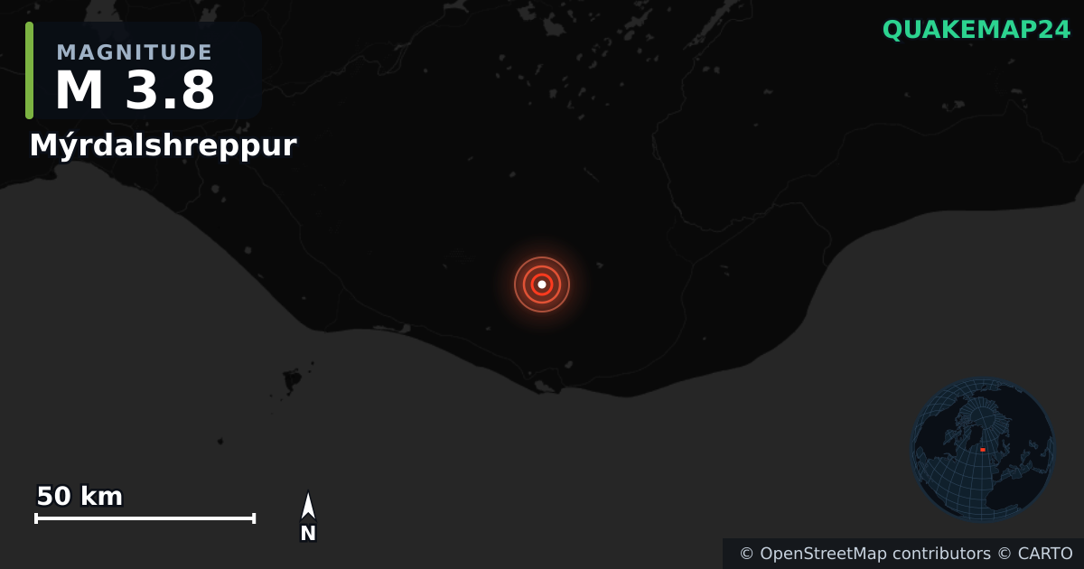 M3.8 earthquake near Mýrdalshreppur on Jul 15, 2026 — map of epicenter and shaking intensity | QuakeMap24
