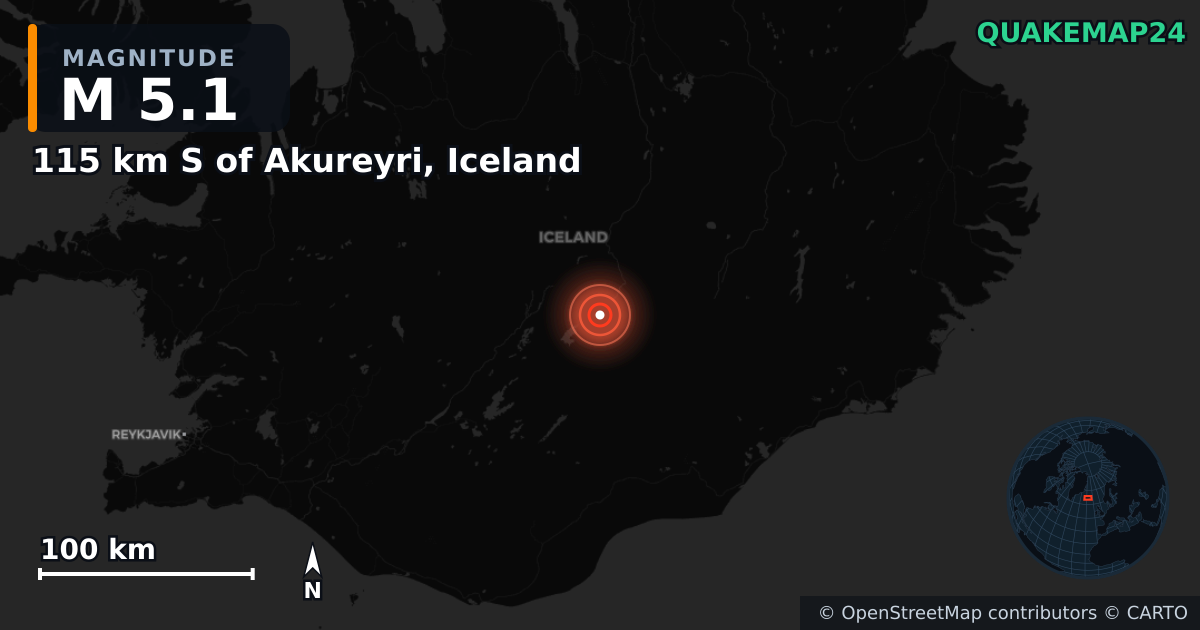 M5.1 earthquake near 115 km S of Akureyri, Iceland on Feb 22, 2025 — map of epicenter and shaking intensity | QuakeMap24