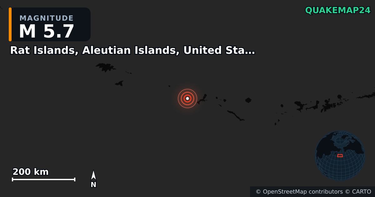 M5.7 earthquake near Rat Islands, Aleutian Islands, United States [Sea: United States] on May 6, 2026 — map of epicenter and shaking intensity | QuakeMap24