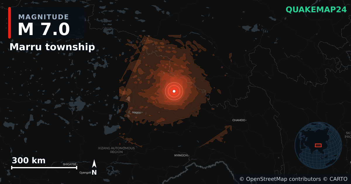 Erdbeben M7,0 bei Marru township, Xizang (China) · 2026-10-22 — Karte der Lage des Epizentrums