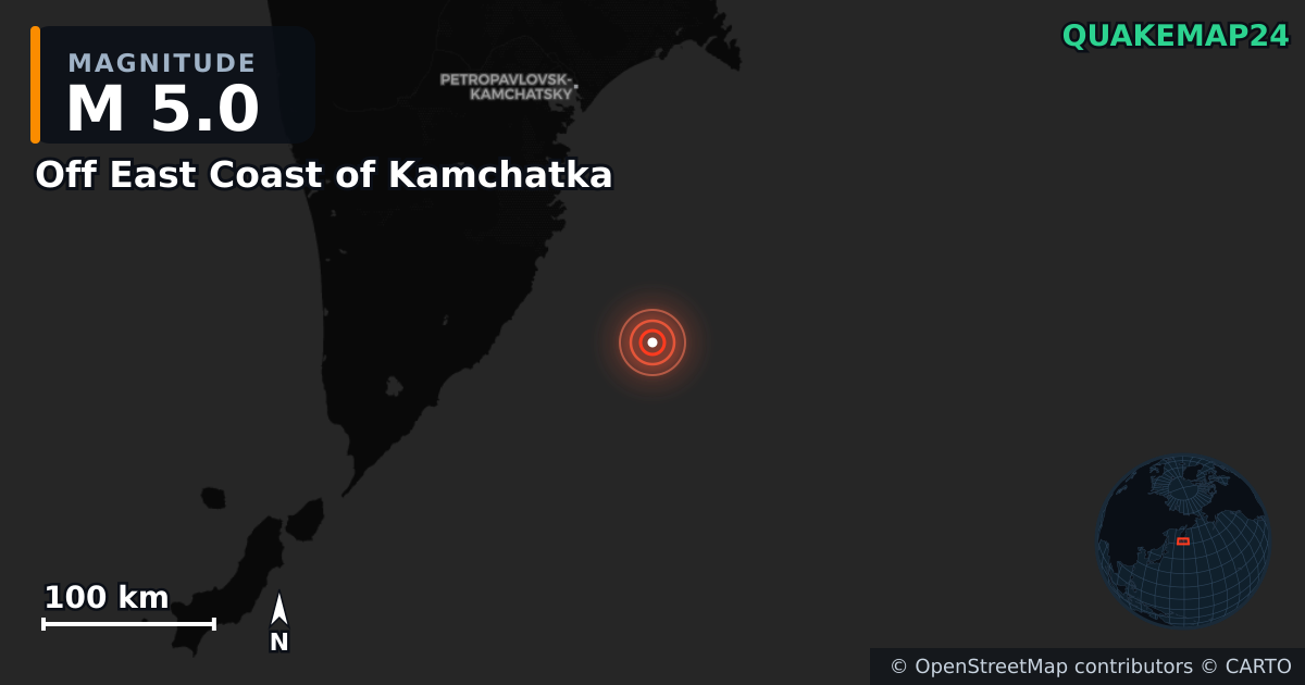 M5.0 earthquake near Off East Coast of Kamchatka on Mar 2, 2026 — map of epicenter and shaking intensity | QuakeMap24