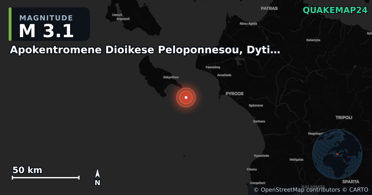 M3.1 earthquake near Apokentromene Dioikese Peloponnesou, Dytikes Elladas kai Ioniou on Aug 26, 2025 — map of epicenter and shaking intensity | QuakeMap24